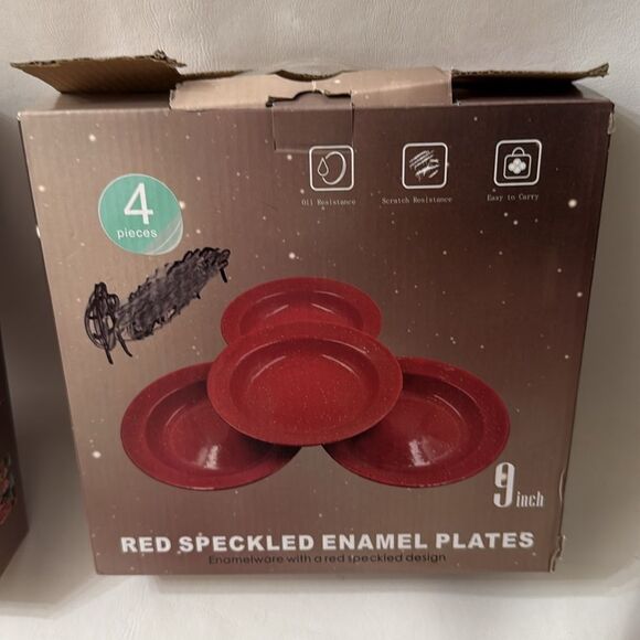 Red Speckled Enamel Plates 9 Inch Set 4 Plates Enamelware Camping Durable New - Picture 8 of 8